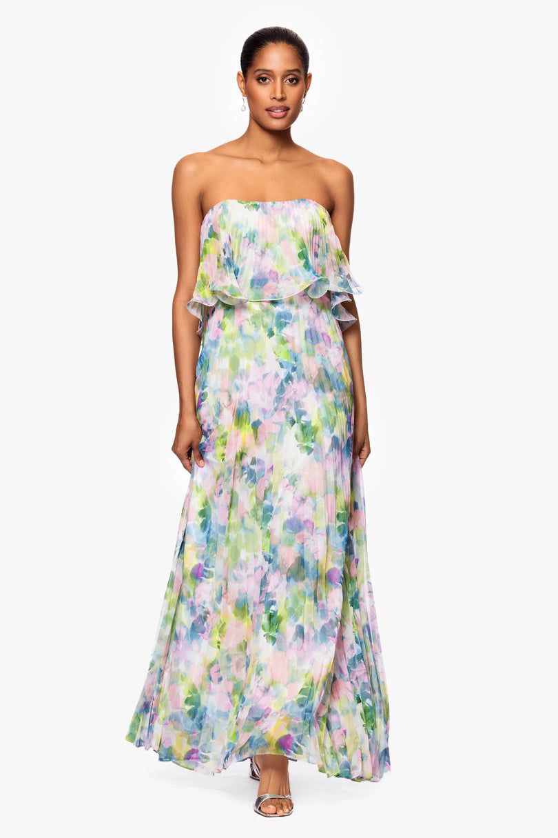 Betsy and Adam "Enid" Strapless Floral Chiffon Dress A27018 Betsy and Adam "Enid" Strapless Floral Chiffon Dress A27018