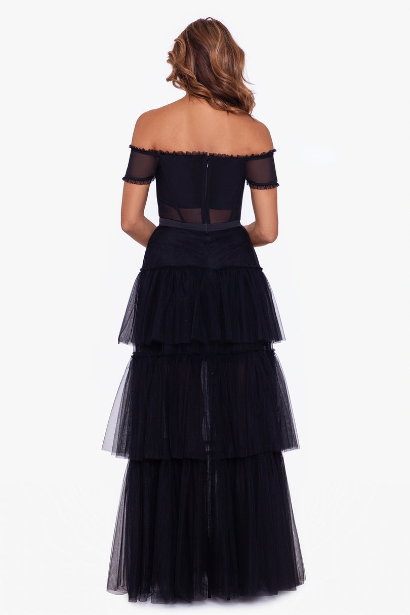 betsy and adam black tulle dress Betsy & Adam Women's Black Tulle Tiered Ruffled Square Neck Dress Size 8