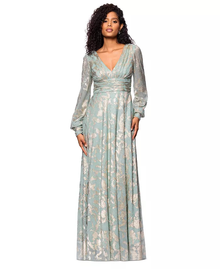 betsy and adam maxi dress Betsy & Adam Halter Tie Neck Palm Print Shimmer Chiffon Sleeveless Maxi Dress