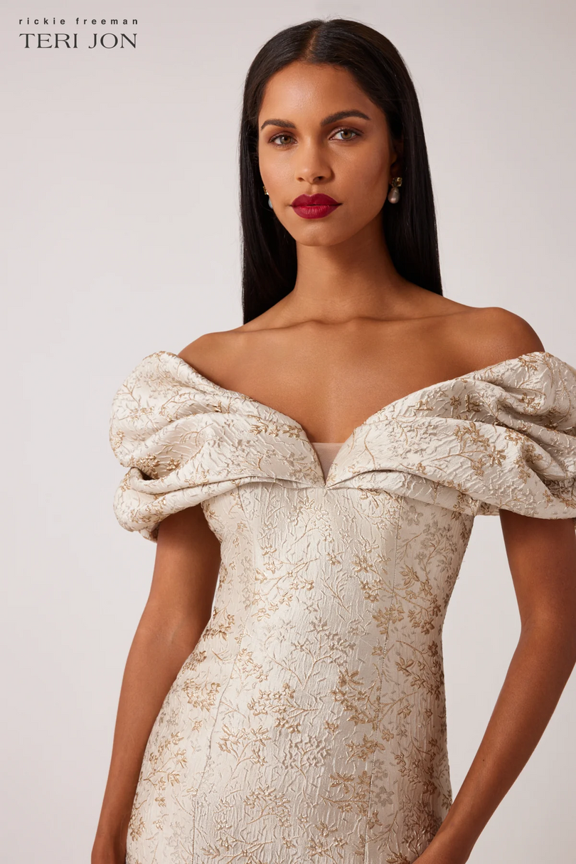 formal gown teri jon dresses Teri Jon by Rickie Freeman Women's Floral Off-the-Shoulder Taffeta A-Line Gown - Mint Mult