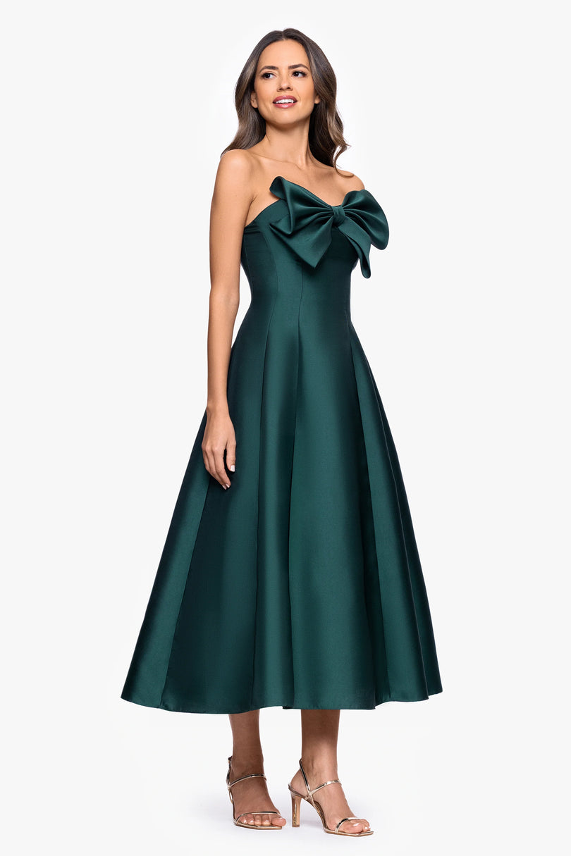 Betsy and Adam "Coulette" Satin Bow Strapless Midi Dress A27511