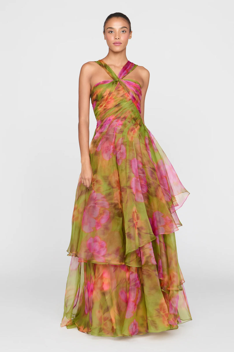 Theia Floral "Rosalinda" Twisted Halter Gown 88115770