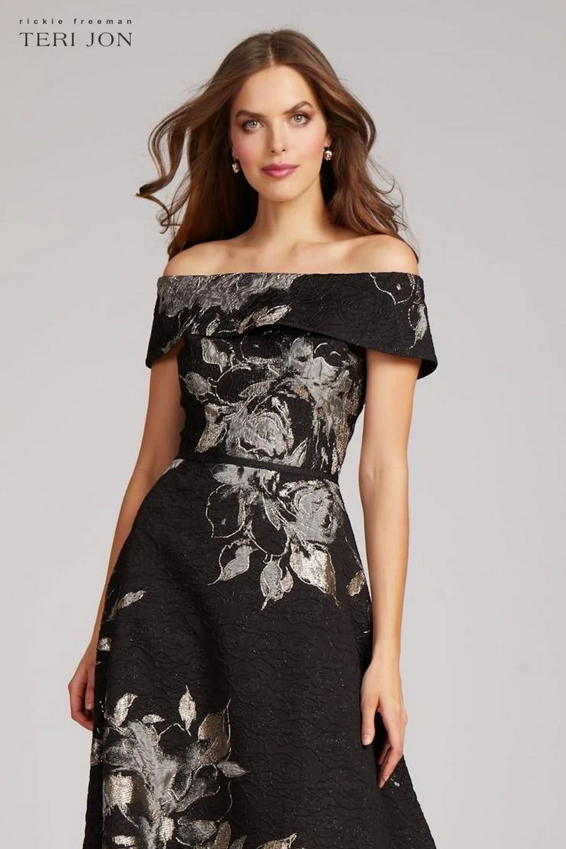 Teri Jon Floral Jacquard Off the Shoulder Gown 217048 Teri Jon Floral Jacquard Off the Shoulder Gown 217048
