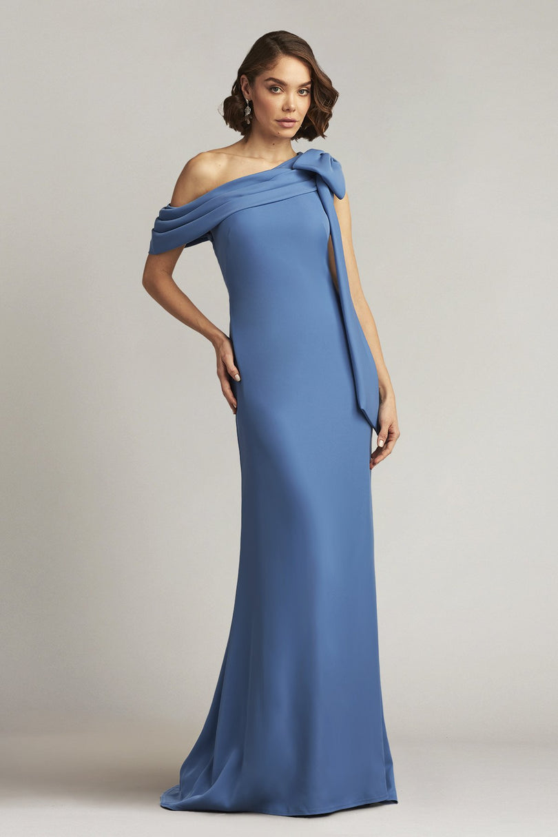 Tadashi Shoji Cassia Bow-Shoulder Crepe Evening Gown ALG1837 Tadashi Shoji Cassia Bow-Shoulder Crepe Evening Gown ALG1837