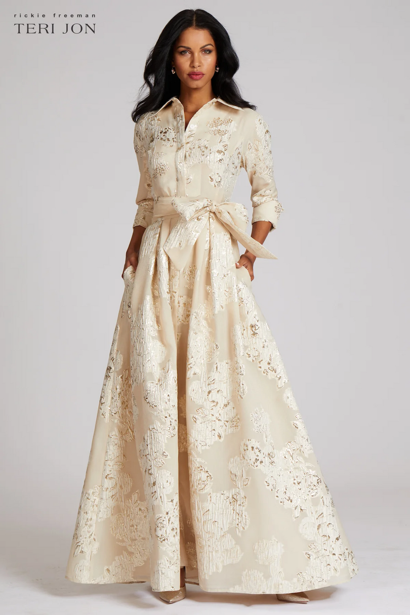Teri Jon Metallic Jacquard Shirtdress Evening Gown 207015 Teri Jon Metallic Jacquard Shirtdress Evening Gown 207015