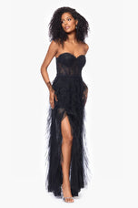 Betsy & Adam "Angelina" Strapless Mesh Ruffle Dress A26845