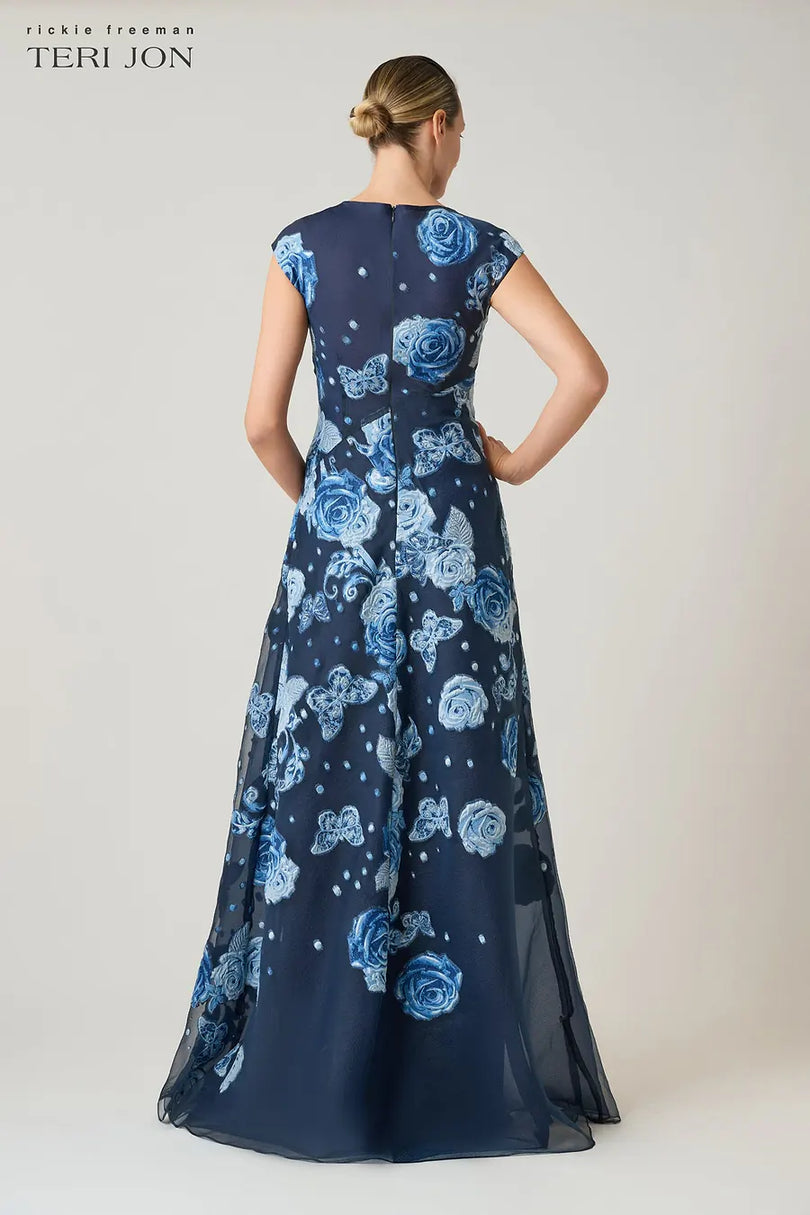 Teri Jon Floral Print Organza Long Evening Dress 266071