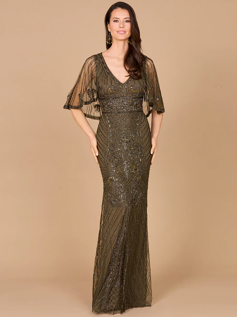 Lara Cape Sleeve V-Neck Beaded Evening Gown 29356 Lara Cape Sleeve V-Neck Beaded Evening Gown 29356