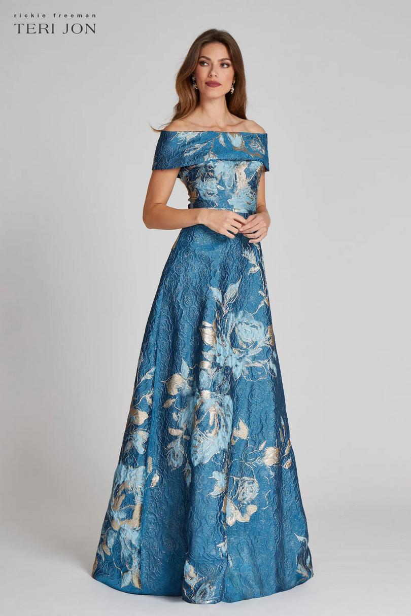 blue off the shoulder dress with flowers Teri Jon Floral Jacquard Off the Shoulder Gown 217048