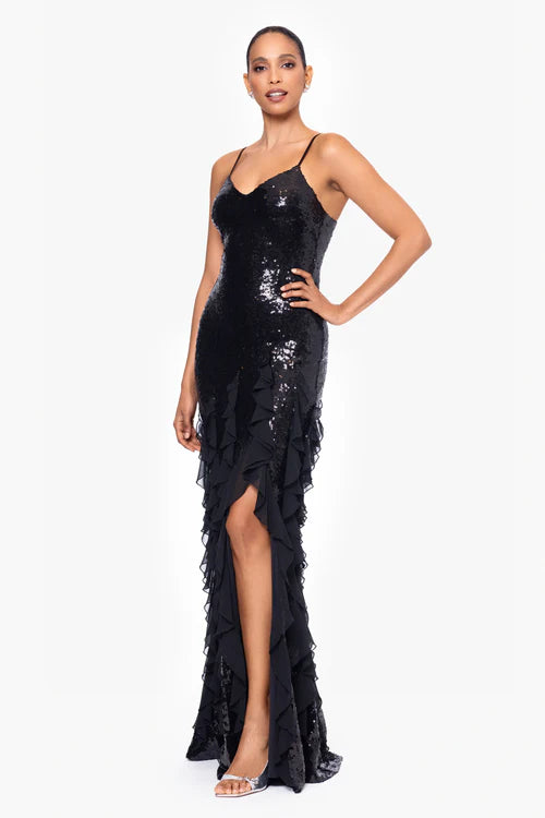 Betsy & Adam "Milan" Sequin Chiffon Ruffles Dress A26805