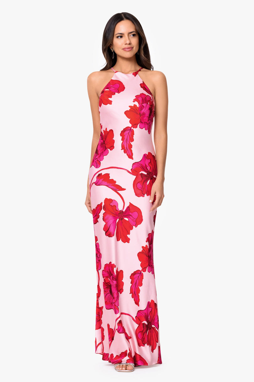 Xscape Women's Sleeveless Halter Neck Printed Long Dress - RED PINK