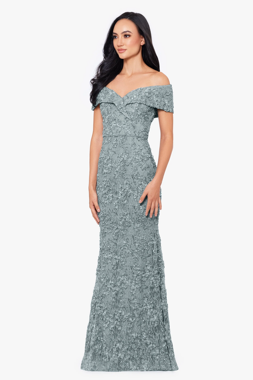 xscape lace overlay dress Xscape Evenings "Jill" Off the Shoulder Lace Gown 4618X
