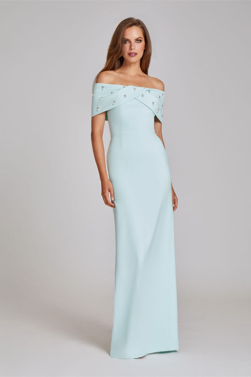 Teri Jon Crepe Off Shoulder Jewel Trim Portrait Column Gown Teri Jon Crepe Off Shoulder Jewel Trim Portrait Column Gown