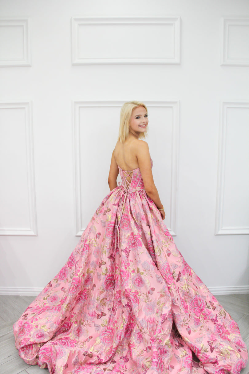Sherri Hill Strapless Brocade Ball Gown Dress 57515 Sherri Hill Strapless Brocade Ball Gown Dress 57515