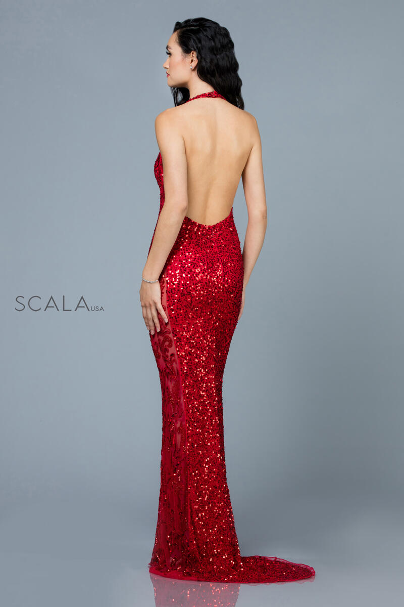scala red sequin dress Scala Red Silk Sequin Beaded Vintage Halter Formal Gown | S