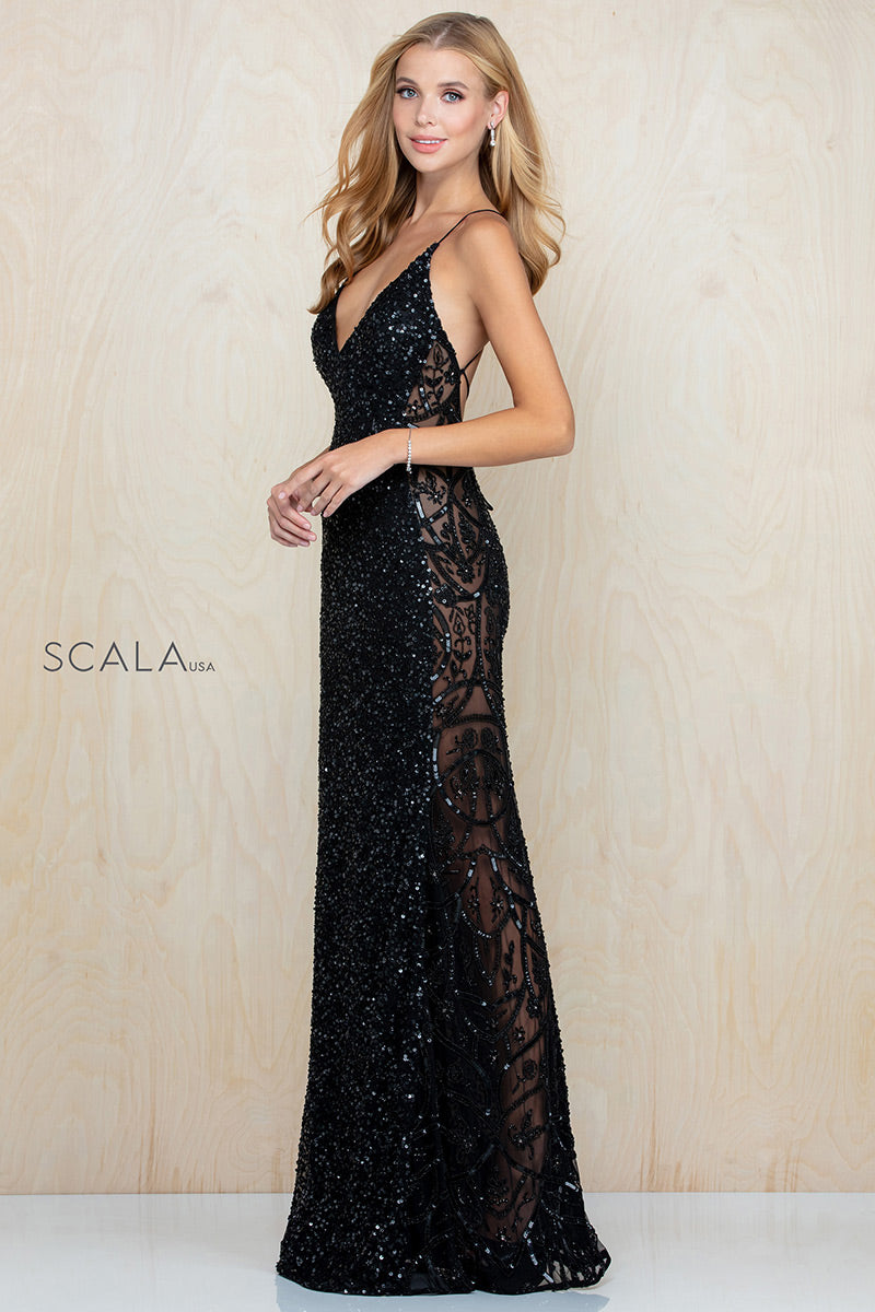 scala black sequin dress SCALA Black Sequin Cocktail Dress Silk Scalloped Hem Size 12