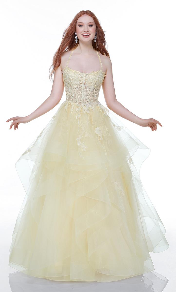 Backless Yellow Tulle Long Lace Prom Dresses, Open Back Yellow Lace Fo -  shegown