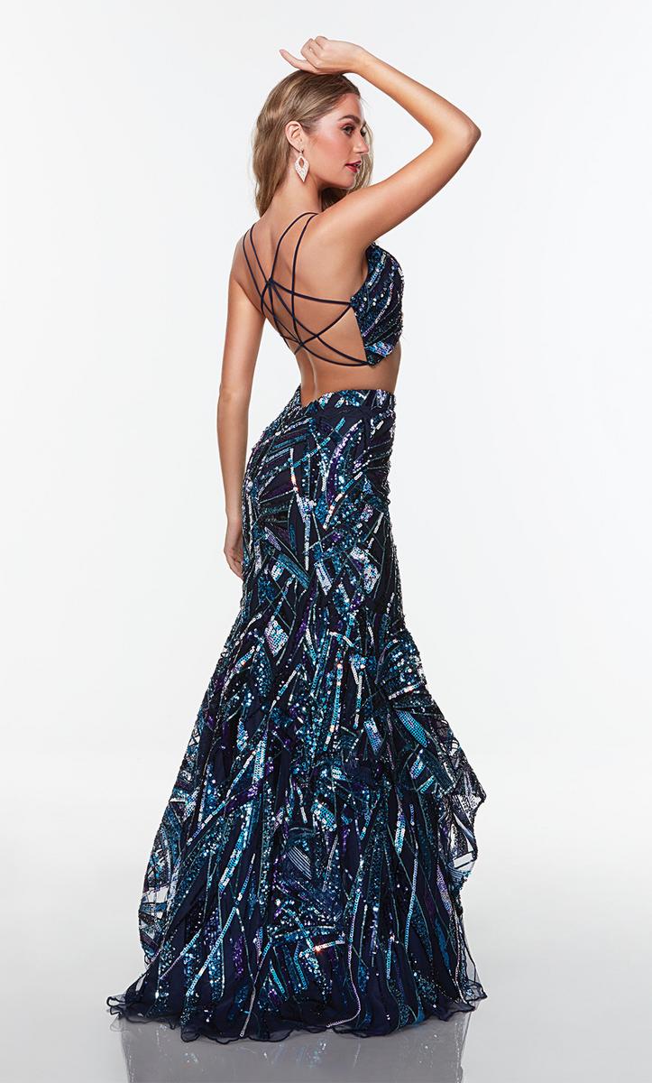 prom dress search Glitter-Print Long Prom Dress with Sheer Waist Smoky Blue / 4