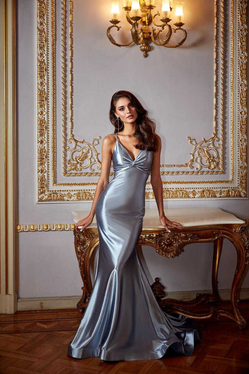 Royal Blue Satin Spaghetti Straps Split Prom Dress - Promfy