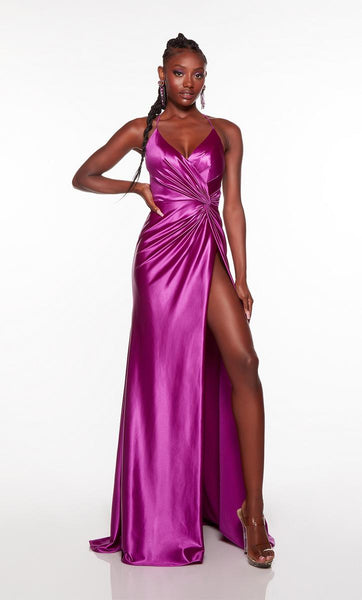 Purple Satin Prom Dresses with Slit Spaghetti Strap Evening Gown FD338 –  Viniodress