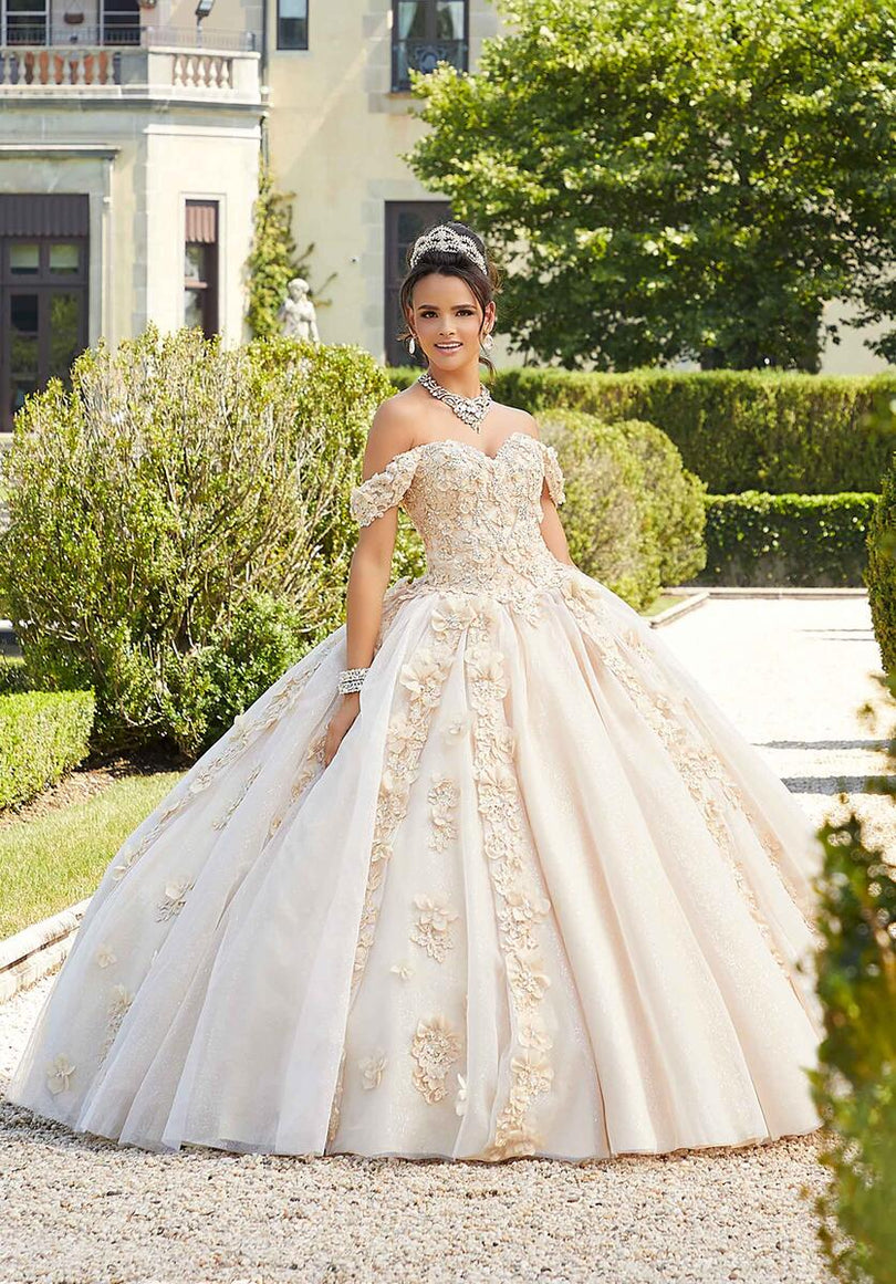 quinceanera dresses cream color OFF THE SHOULDER GLITTER FLORAL PRINT GOLD QUINCEANERA BALL GOWN BY LADIVINE 15712 CHAMPAGNE / S