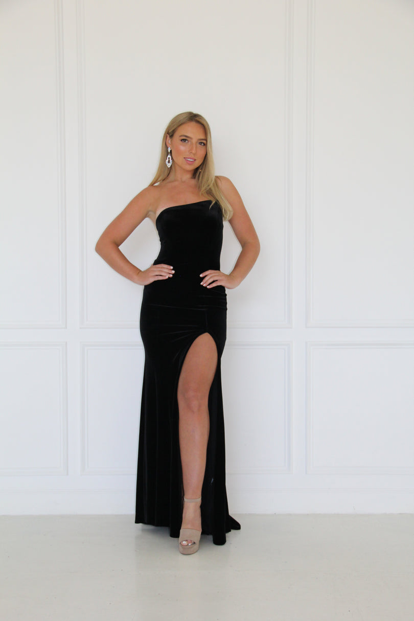 Betsy & Adam Strapless Stretch Velvet Evening Dress A20144 Betsy & Adam Strapless Stretch Velvet Evening Dress A20144