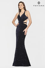Faviana Long Velvet Sequin Cut Out Prom Dress S10818