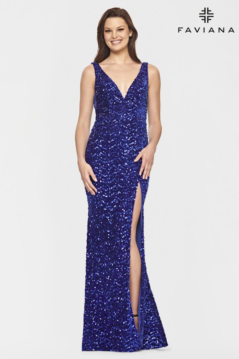 Faviana Long V-Neck Velvet Sequin Prom Dress S10820