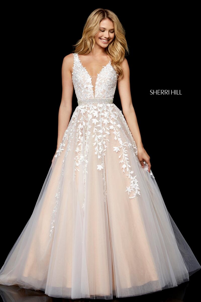 Alluring Nude Sheer Tulle with White Lace Prom Gown - Promfy