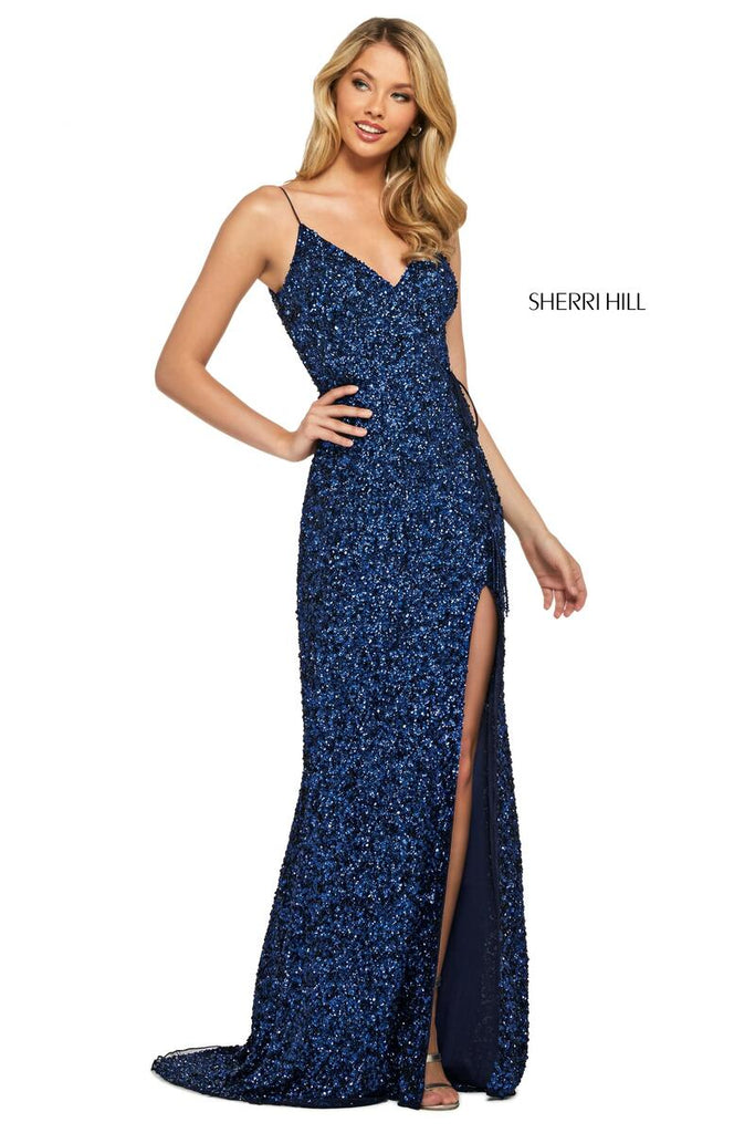 Sherri Hill V-Neck Sequin High Slit Dress 53449