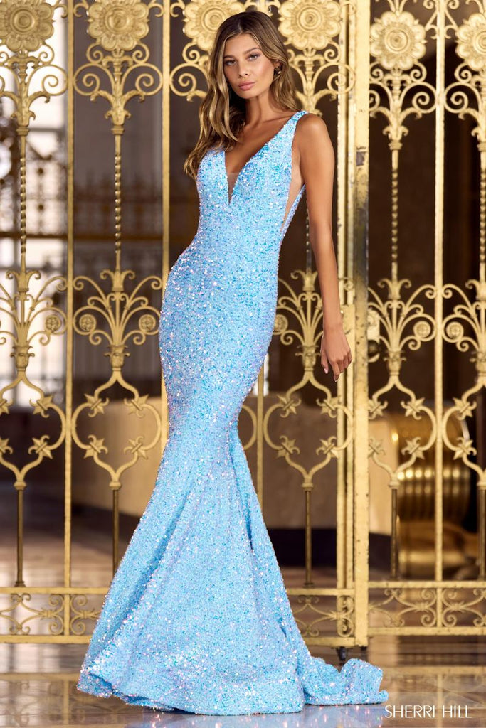 Sherri Hill Long V-Neck Velvet Sequin Dress 55084