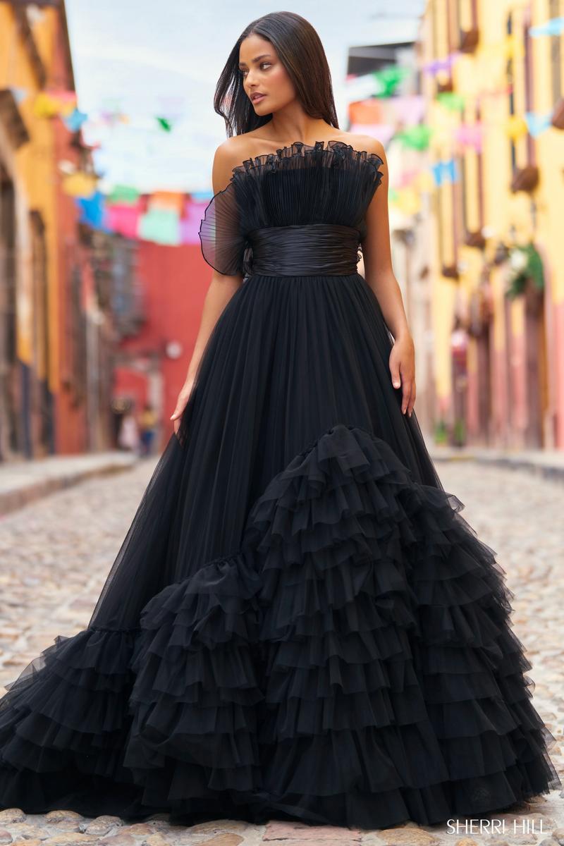 Jovani Dress 37630 | Black Beaded Lace Tiered Ballgown