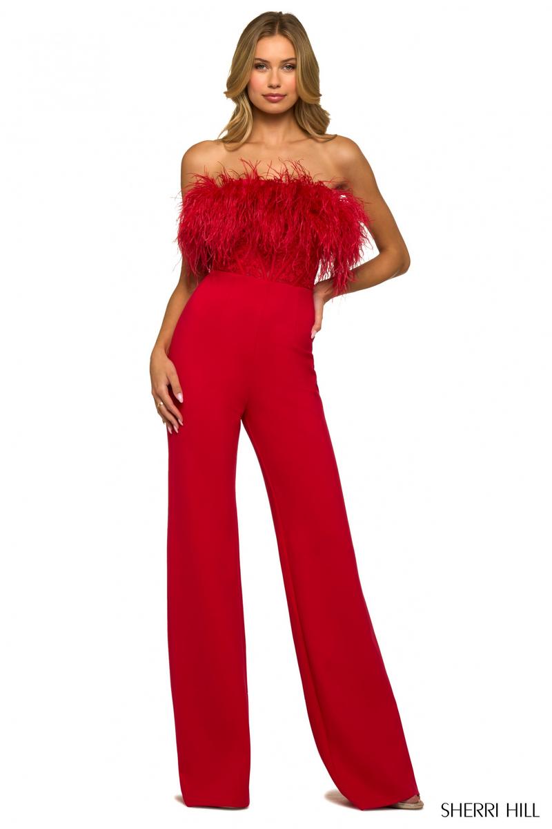 Sherri Hill Strapless Feather Jumpsuit 55382