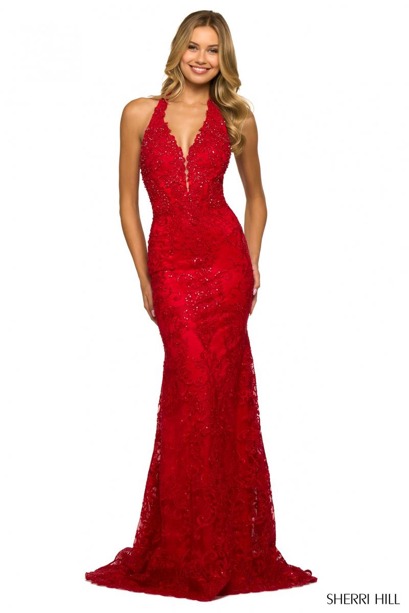Sherri Hill Long Lace Halter Prom Dress 55392