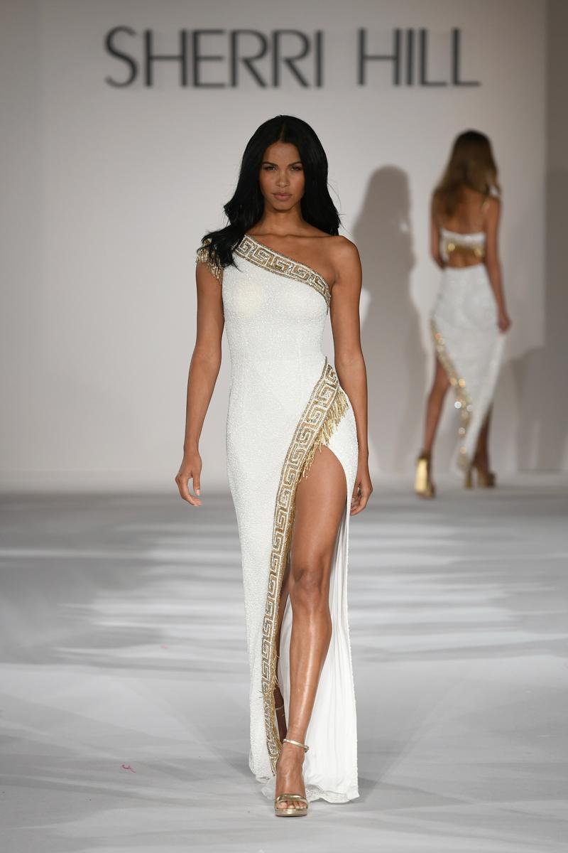 sherri hill white one shoulder dress One Sleeve Long Beaded Dress 54982