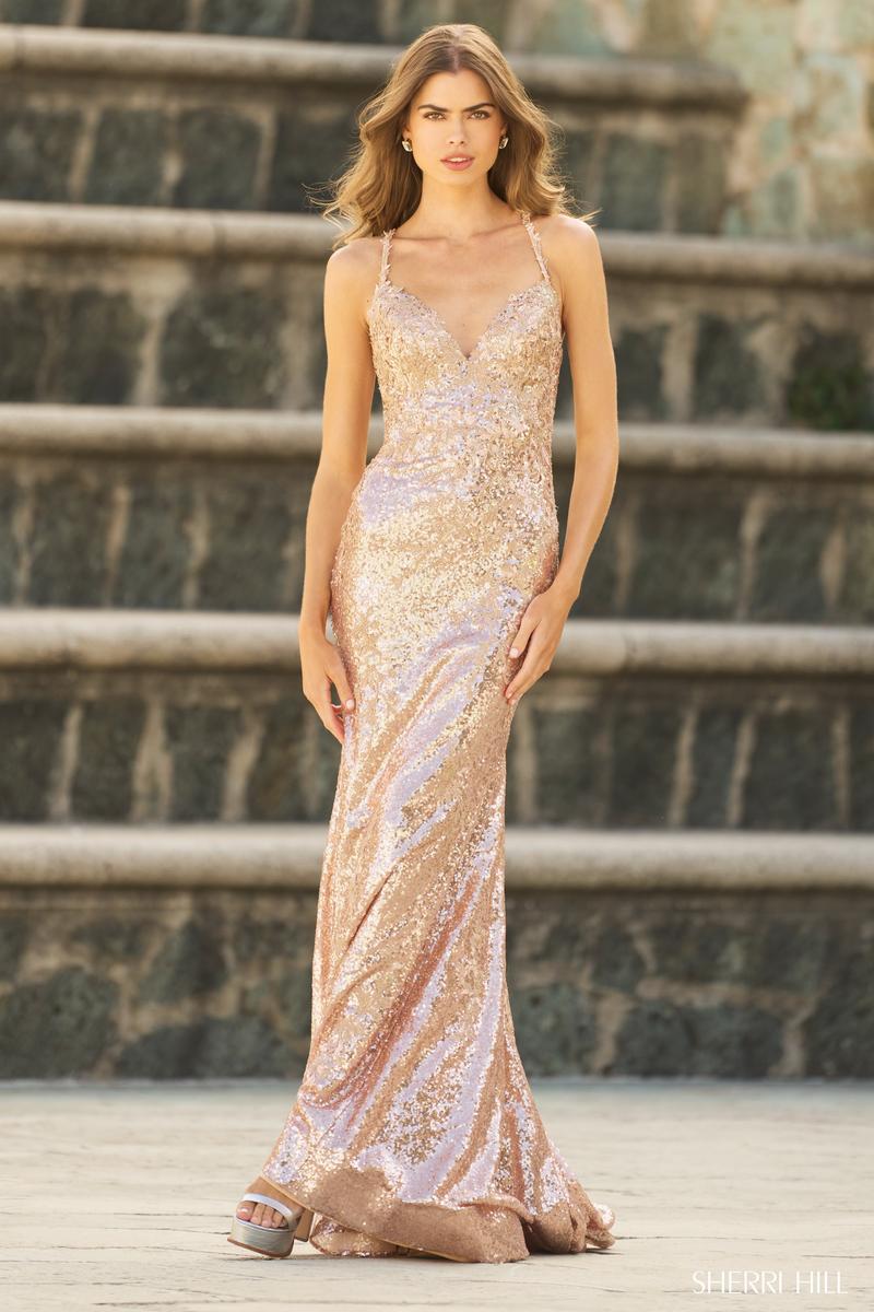 Sherri Hill Long Lace-up Sequin Prom Dress 55584